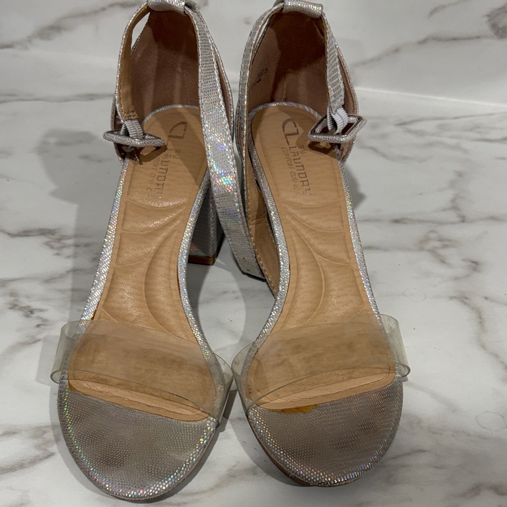CL by Laundry Silver Glitter Heels with Clear strap